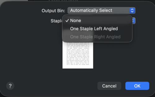 Screenshot of a check next to "None" for "Staple" option following indicated field