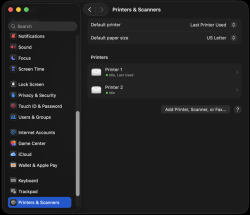 Screenshot of Printers & Scanners in System Settings showing indicated field