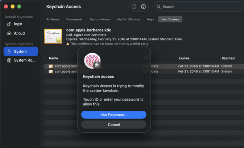 Screenshot of MacOS menu displaying the dialog box requiring authentication