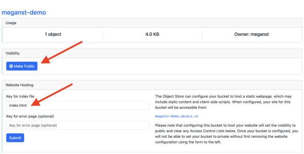 In the Bucket Settings, the 'Make Public' button and 'Key for index file' text box both have arrows pointing to them.