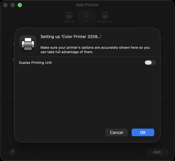 Screenshot of Setting up `printer name` pop up and options