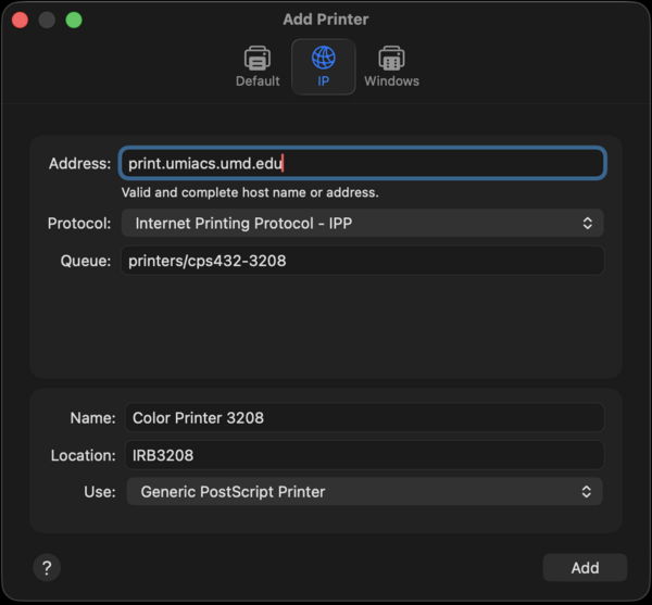 Screenshot of Add Printer and inputs from the indicated field