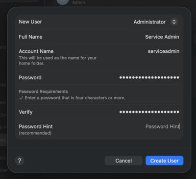 Screenshot of pop up to Create User following indicated prompt