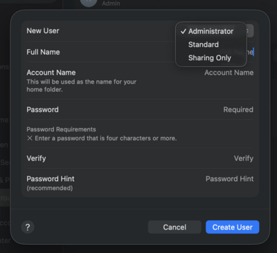 Screenshot of pop up to Create User following indicated prompt