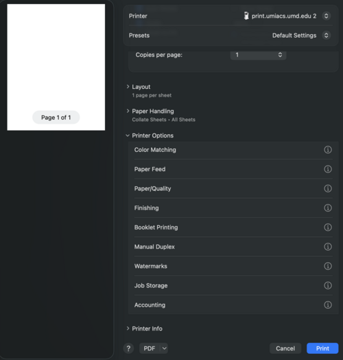 Screenshot of check on "Printer Features System" following indicated field